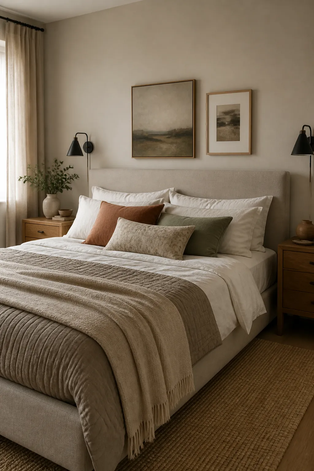 Warm neutral bedroom with layered bedding and balanced compromise decor for a couple