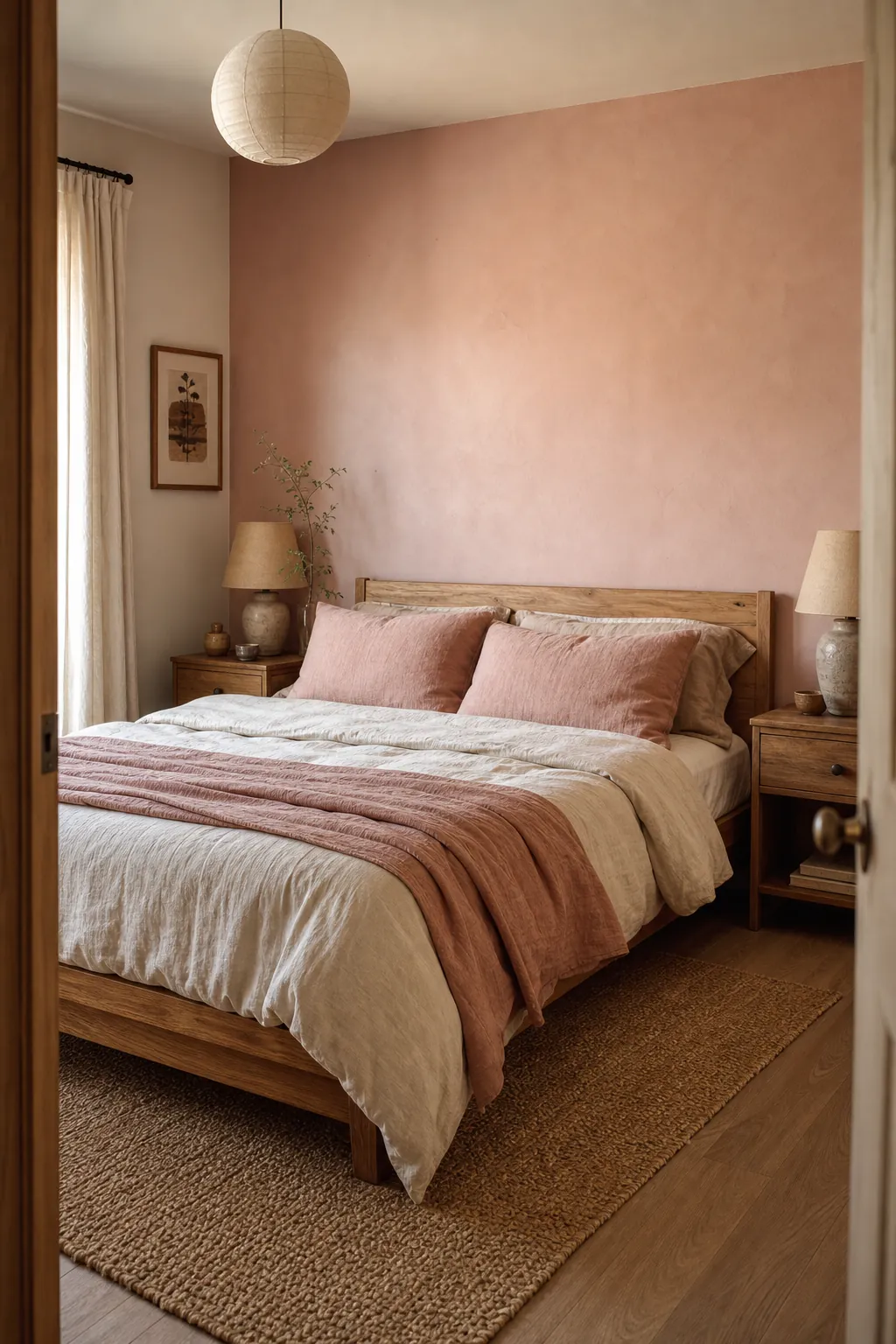 Warm natural pink and wood bedroom with blush decor, layered bedding, and soft light