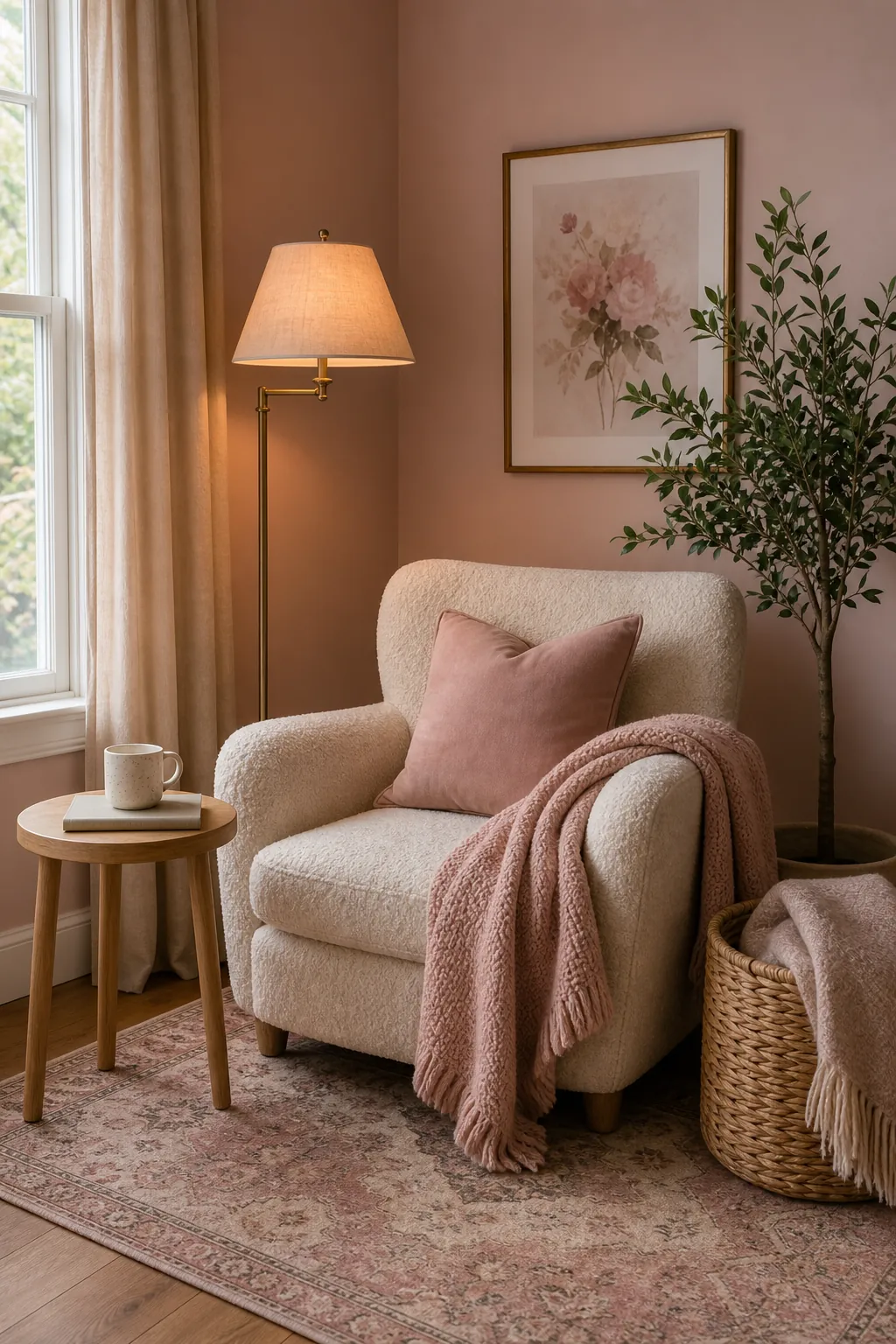 Blush pink cozy corner with reading chair, soft textures, rug, and warm accent decor