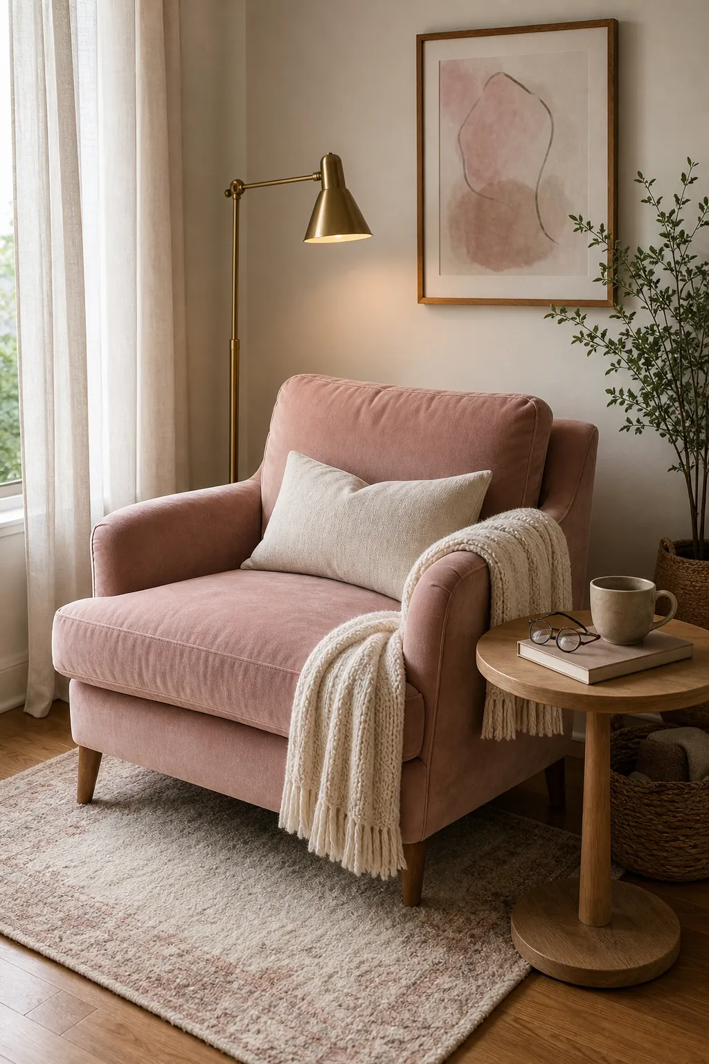 Blush pink reading chair corner with soft textures and warm neutral decor