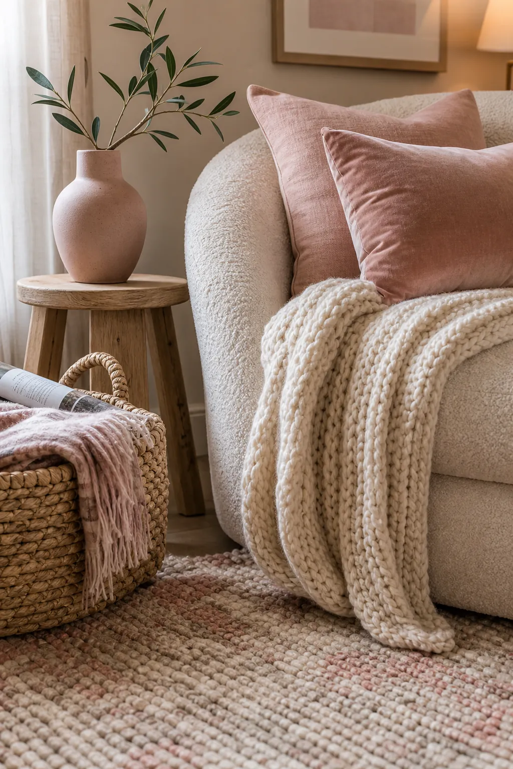 Layered blush pink soft textures with knit throw pillows rug and woven basket