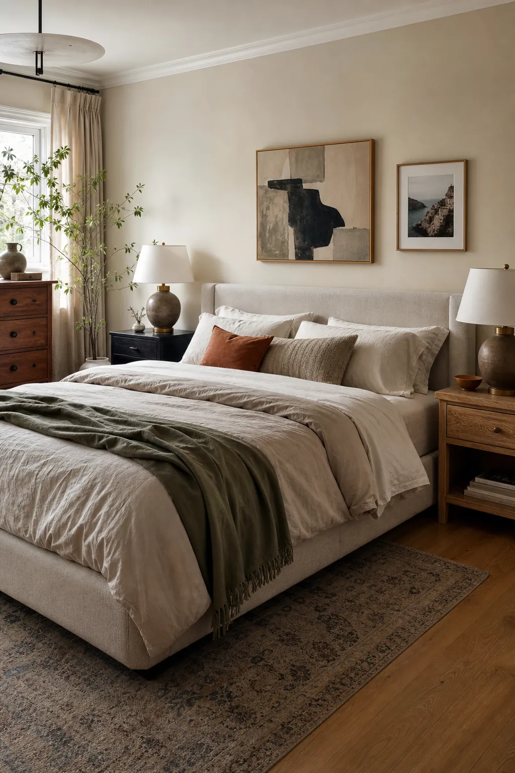 Stylish couple bedroom blending modern and cozy mixed style decor
