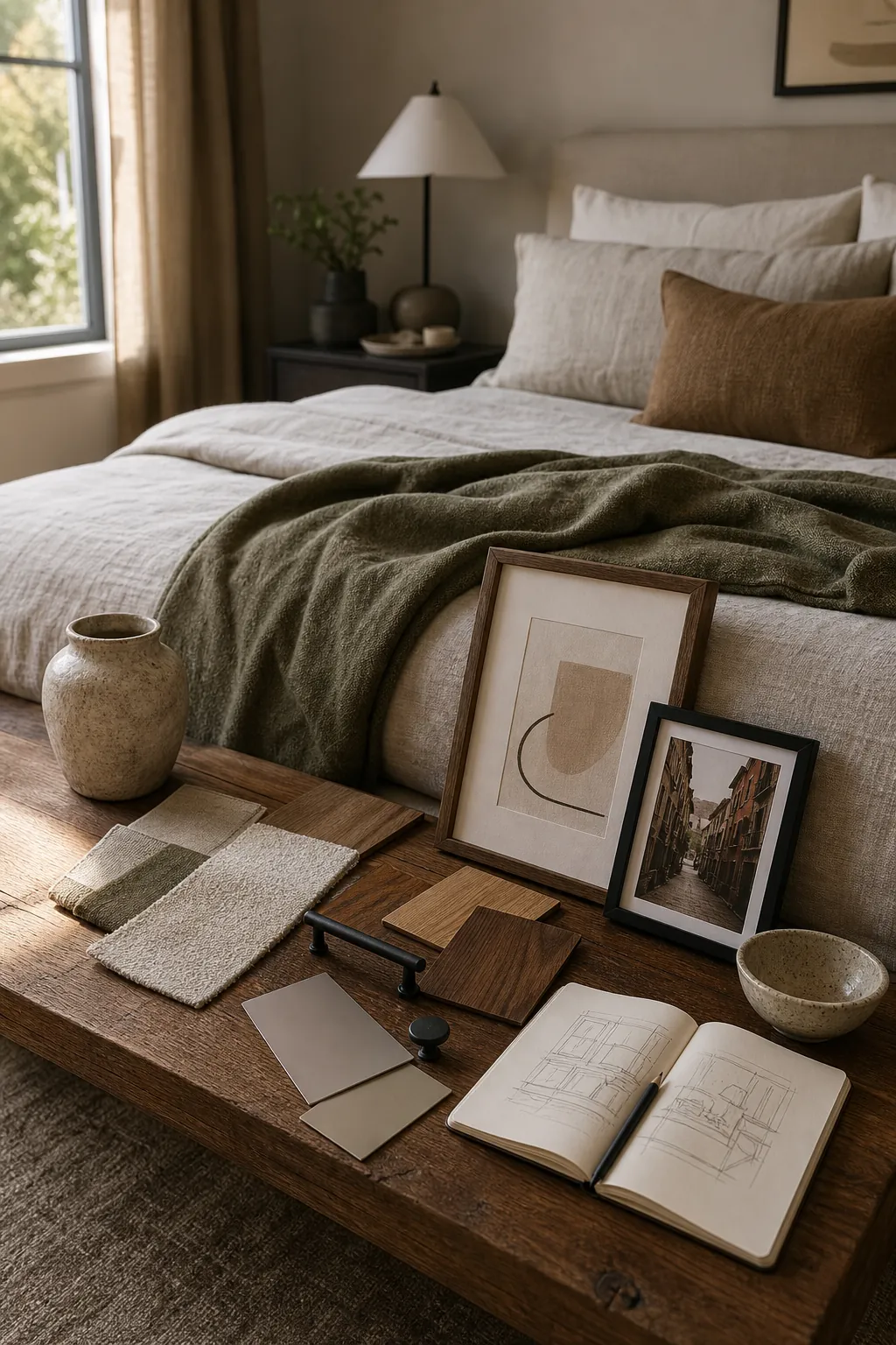 Neutral couple bedroom mood board with warm wood, linen bedding, and mixed style decor