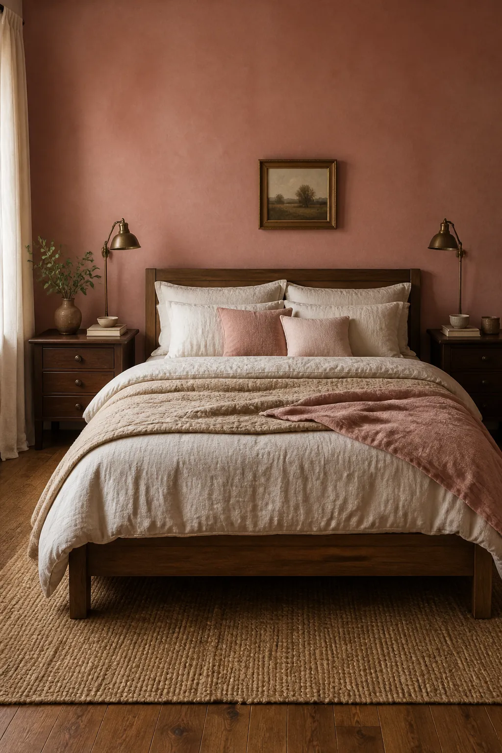 Dusty pink bedroom wall with walnut nightstands and layered cream bedding