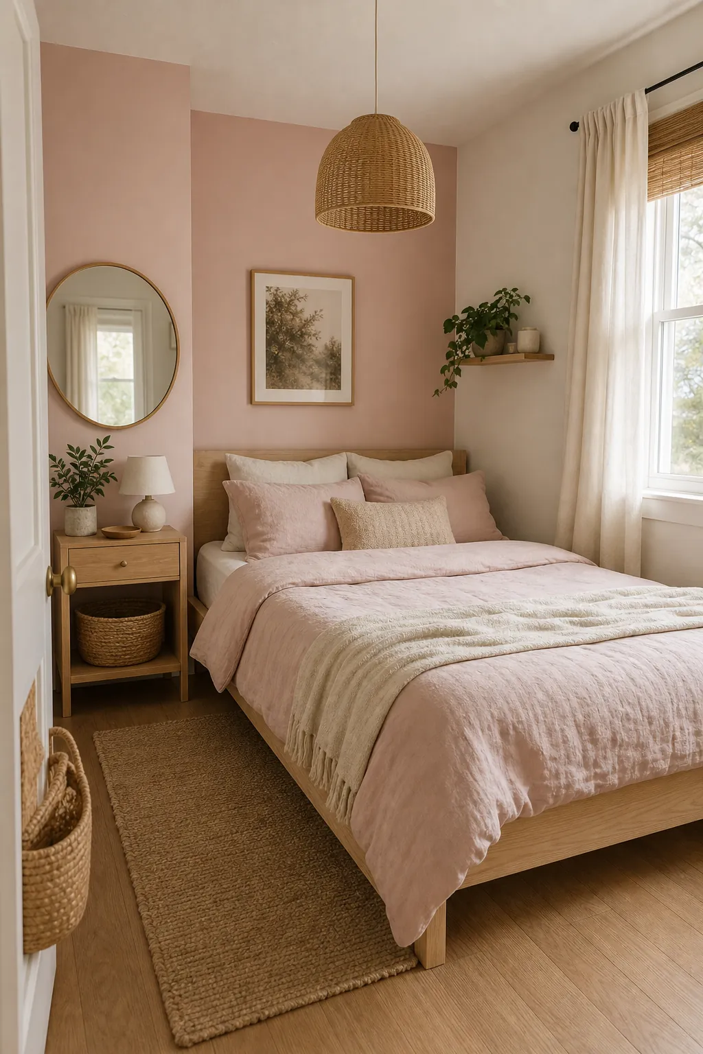 Small pink bedroom with light wood furniture cream curtains and natural textures