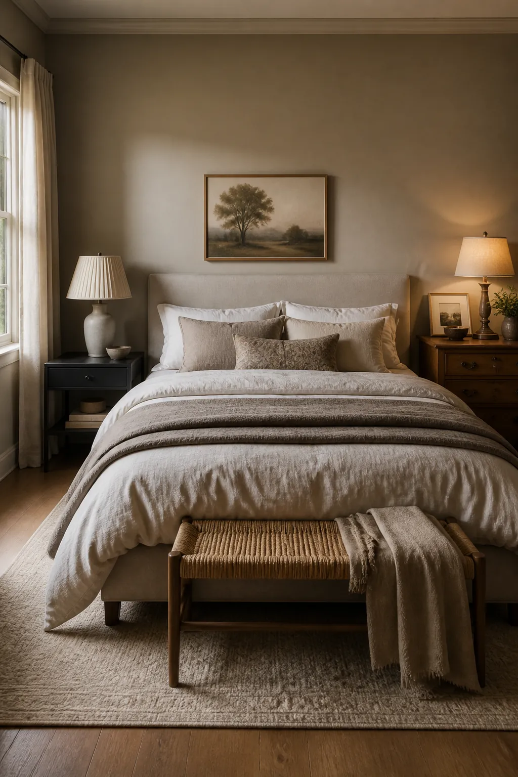 Couple bedroom with different bedside tables tied together by balanced mixed style decor