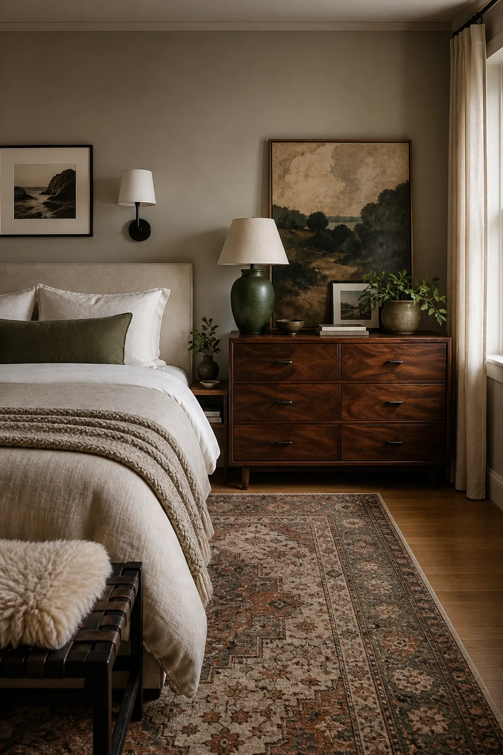Couple bedroom with personal artwork and one bold decor piece balanced by calm bedding