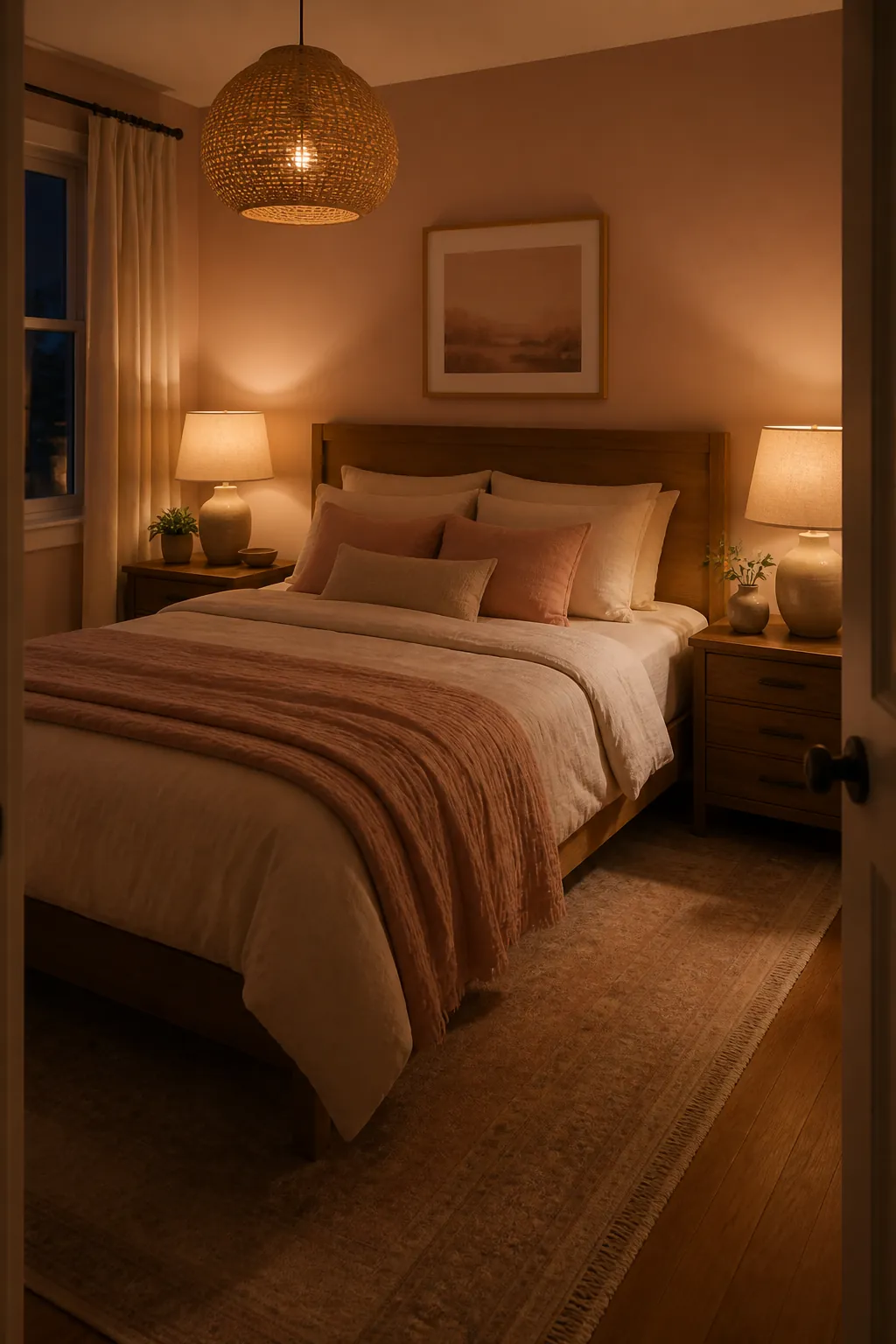 Warmly lit pink and wood bedroom with bedside lamps and soft layered bedding