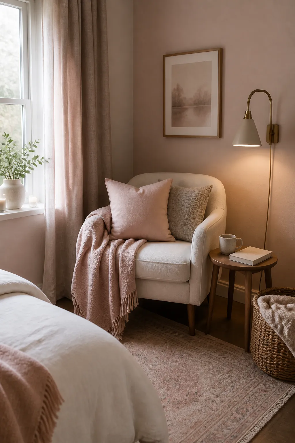 Small blush pink bedroom corner reading nook with ivory chair and warm bedside decor