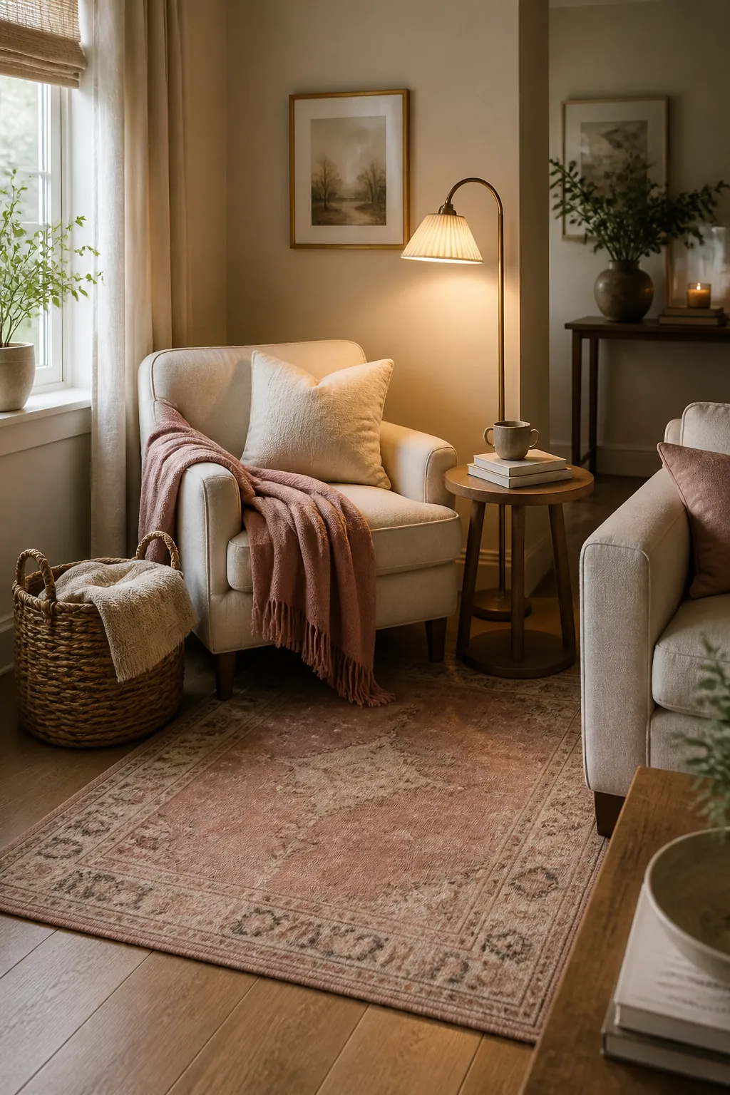 Blush pink cozy corner defined by a soft rug warm lighting and compact side table