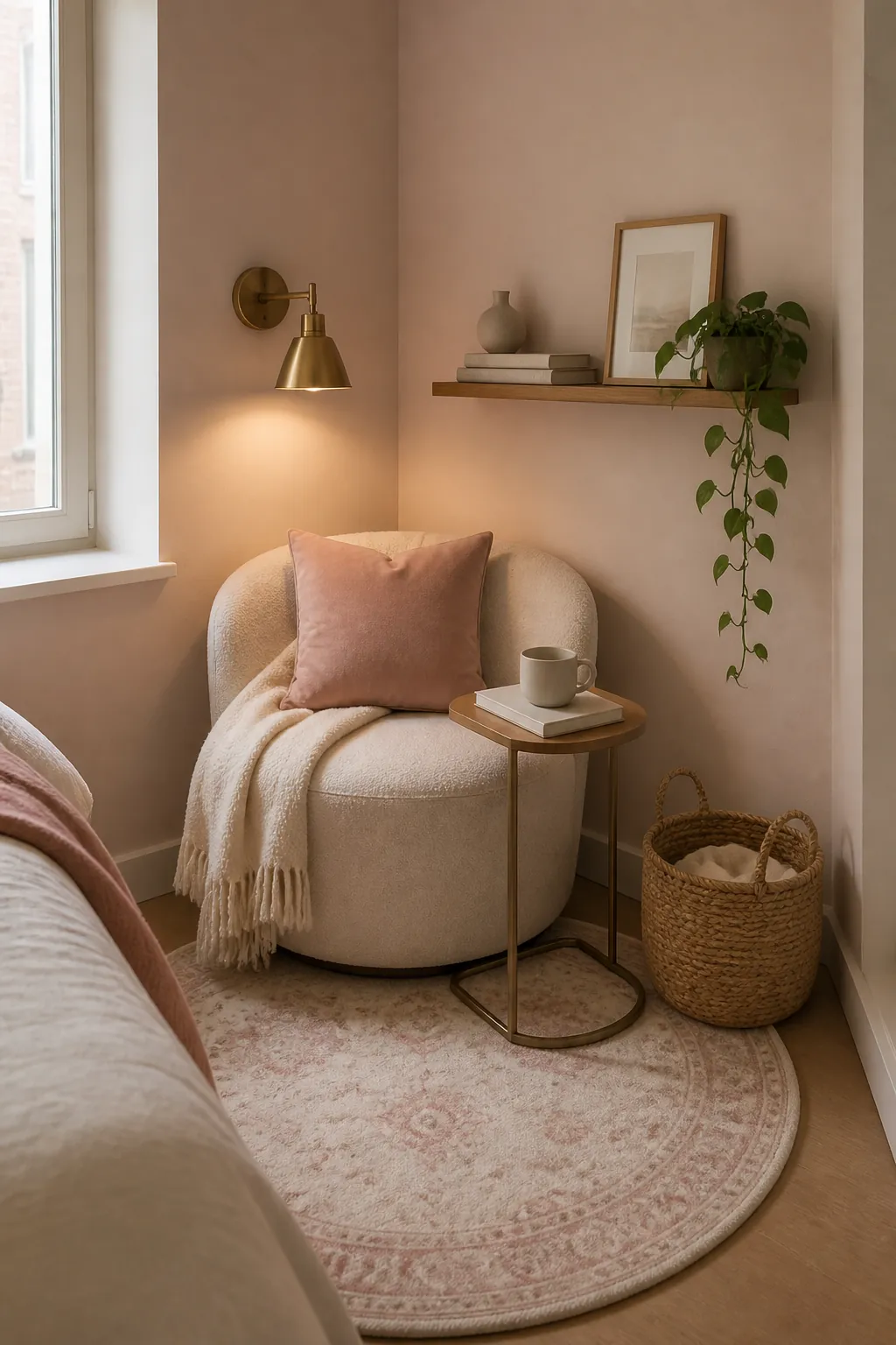 Small blush pink corner styled with accent decor books plant and warm neutral textures