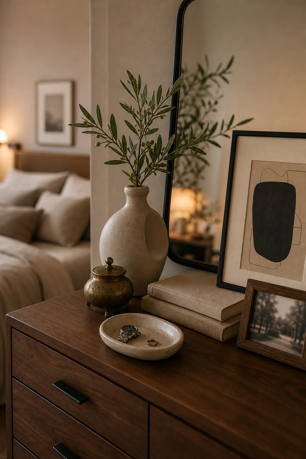 Bedroom dresser detail with vintage and modern decor arranged as a thoughtful compromise