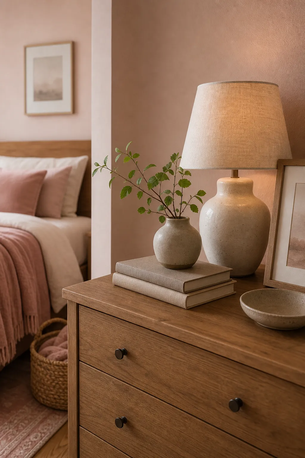 Cozy pink and wood bedroom styling details with ceramics plants books and soft textures