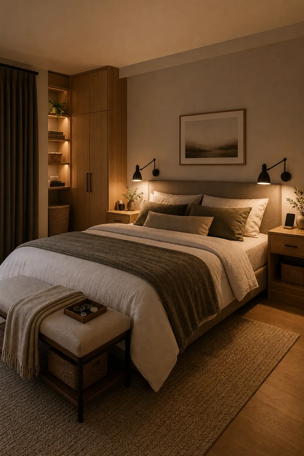 Modern cozy shared bedroom with separate reading lights and practical storage for two people