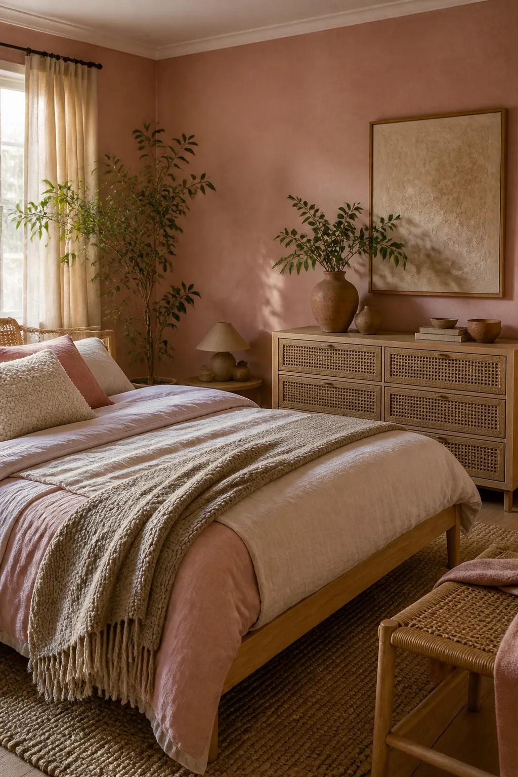 Pink bedroom styled with rattan cane linen bedding and natural wood accents