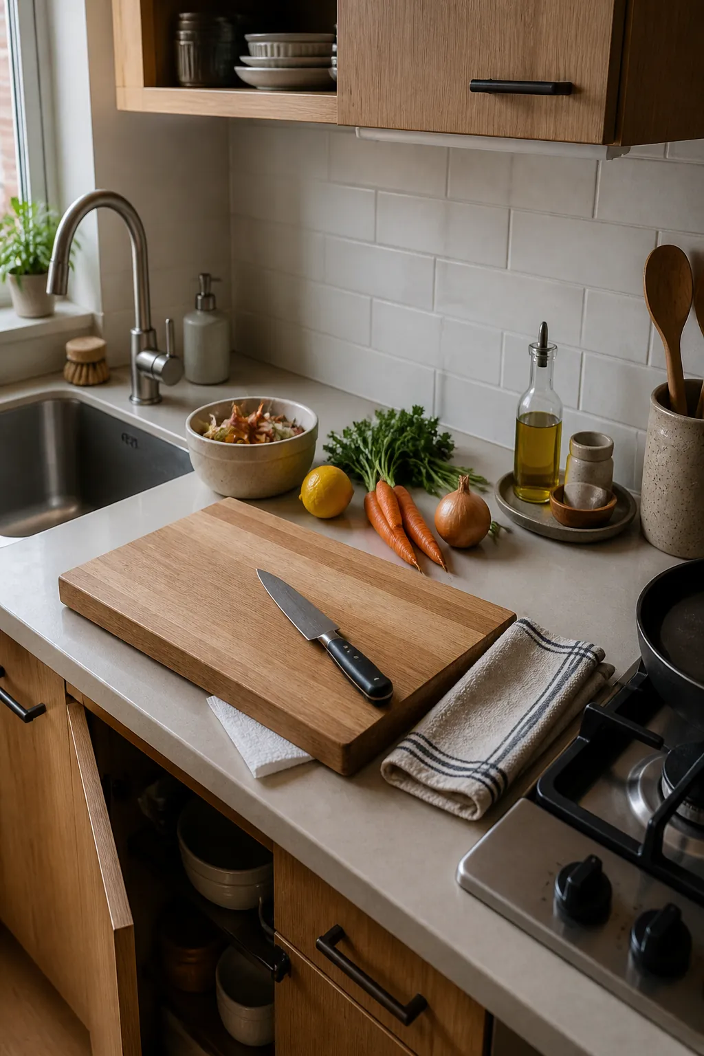 Small kitchen counter with clear prep zone and organized daily items