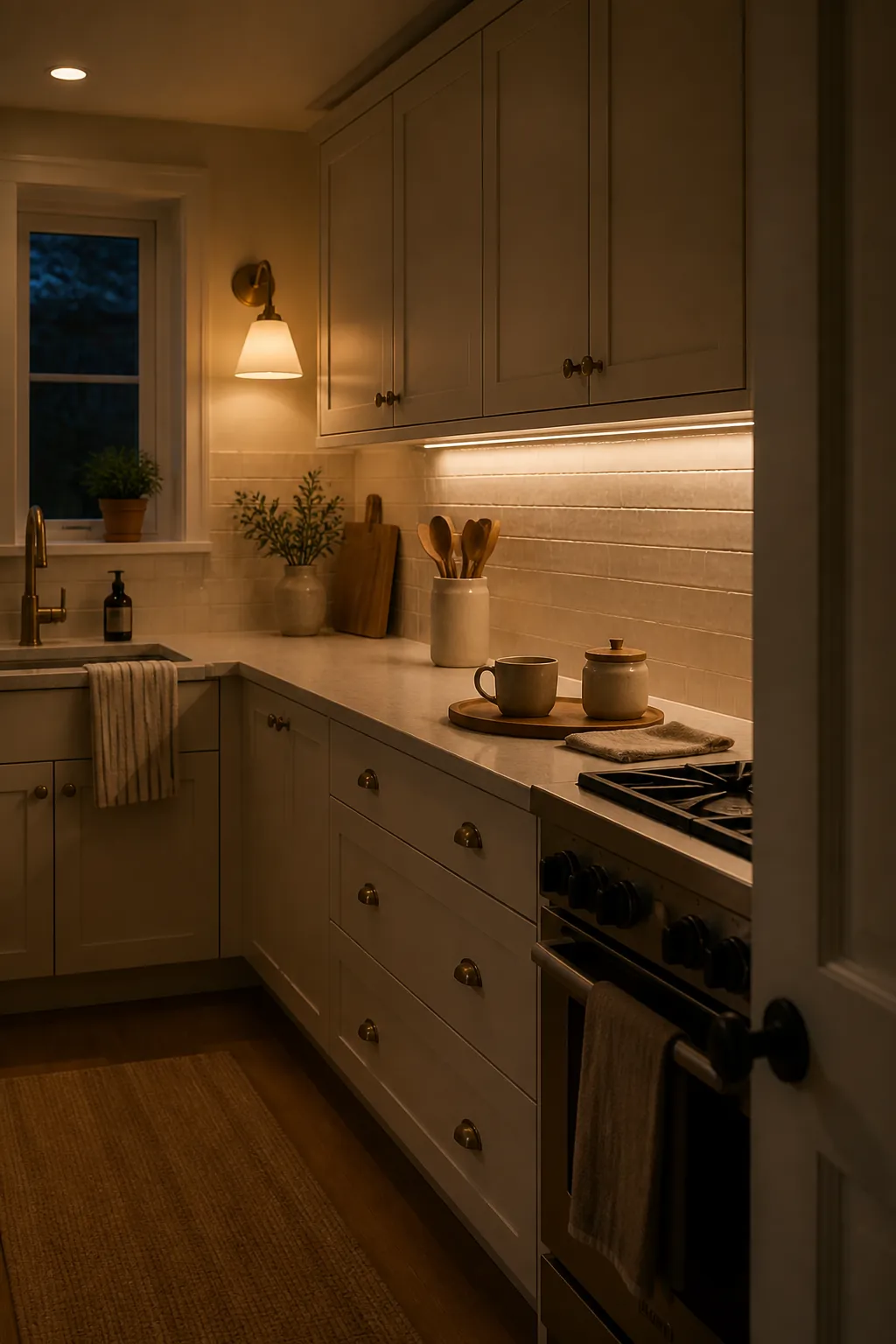 Warm small kitchen with under cabinet lighting and soft evening glow