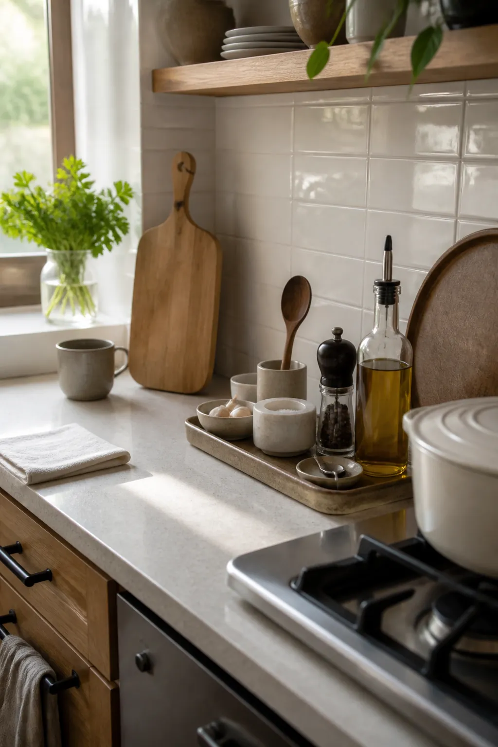 Compact kitchen counter with a small tray holding daily cooking essentials near the stove