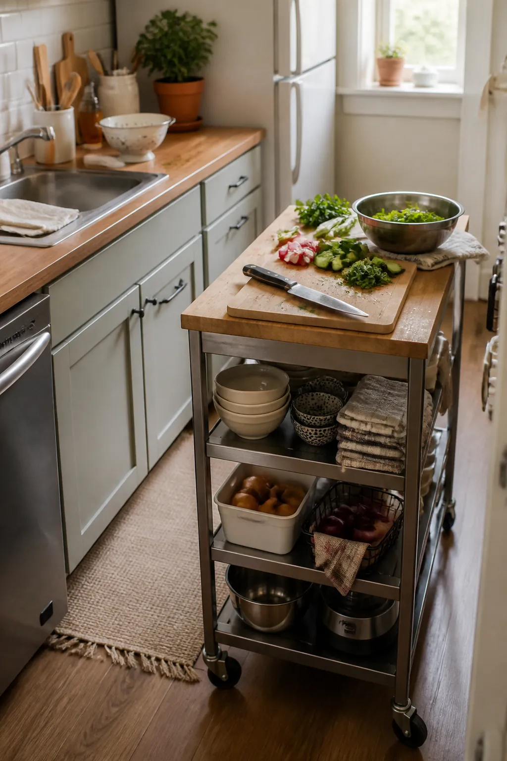 Rolling kitchen cart used as extra prep space in a compact kitchen