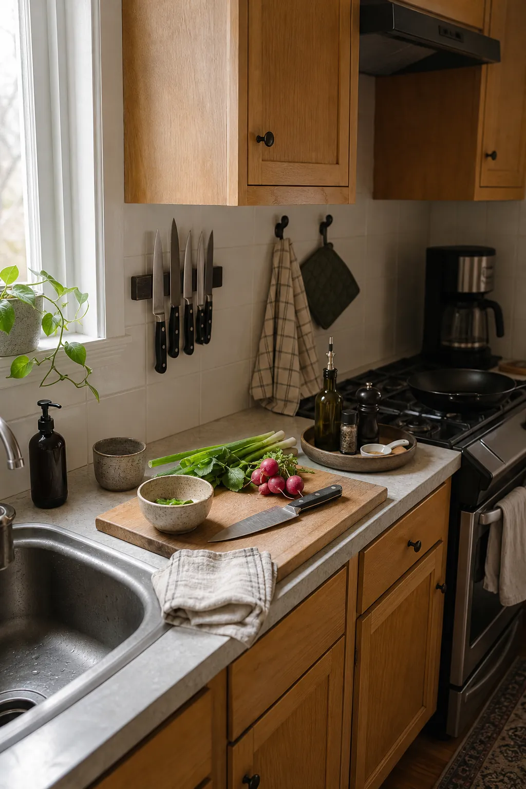 Small kitchen counter organization ideas with a clear prep zone for daily cooking