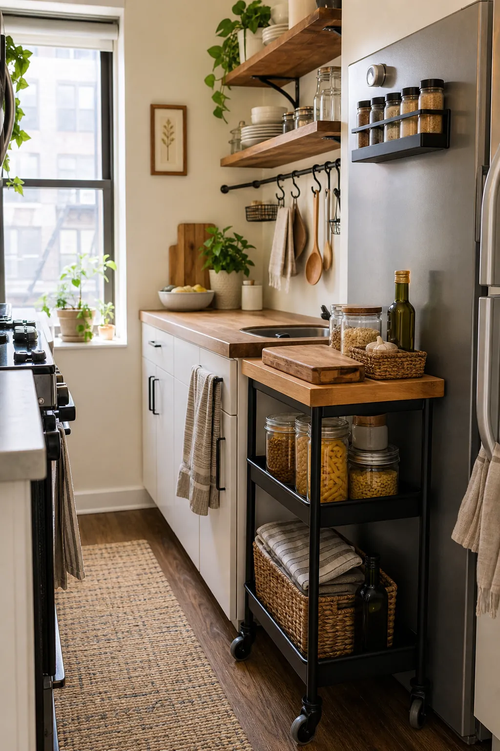 Small kitchen with a rolling cart, open wall shelves, and clear counters