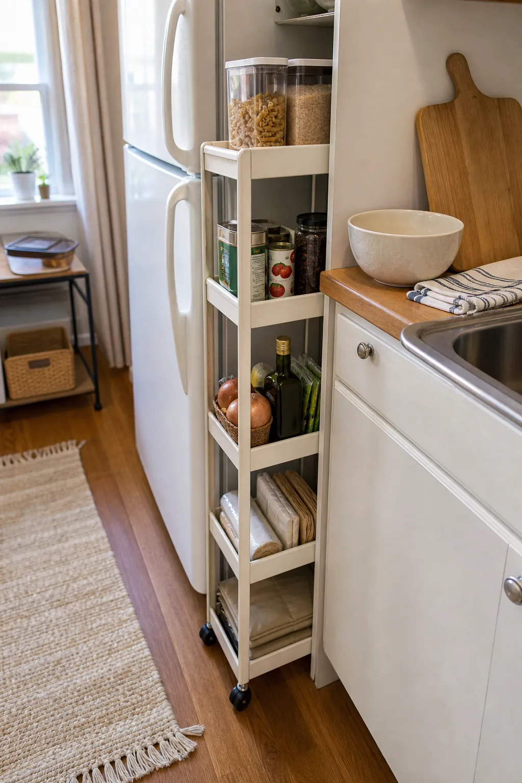 Slim rolling cart used as a pull-out pantry in a small kitchen gap