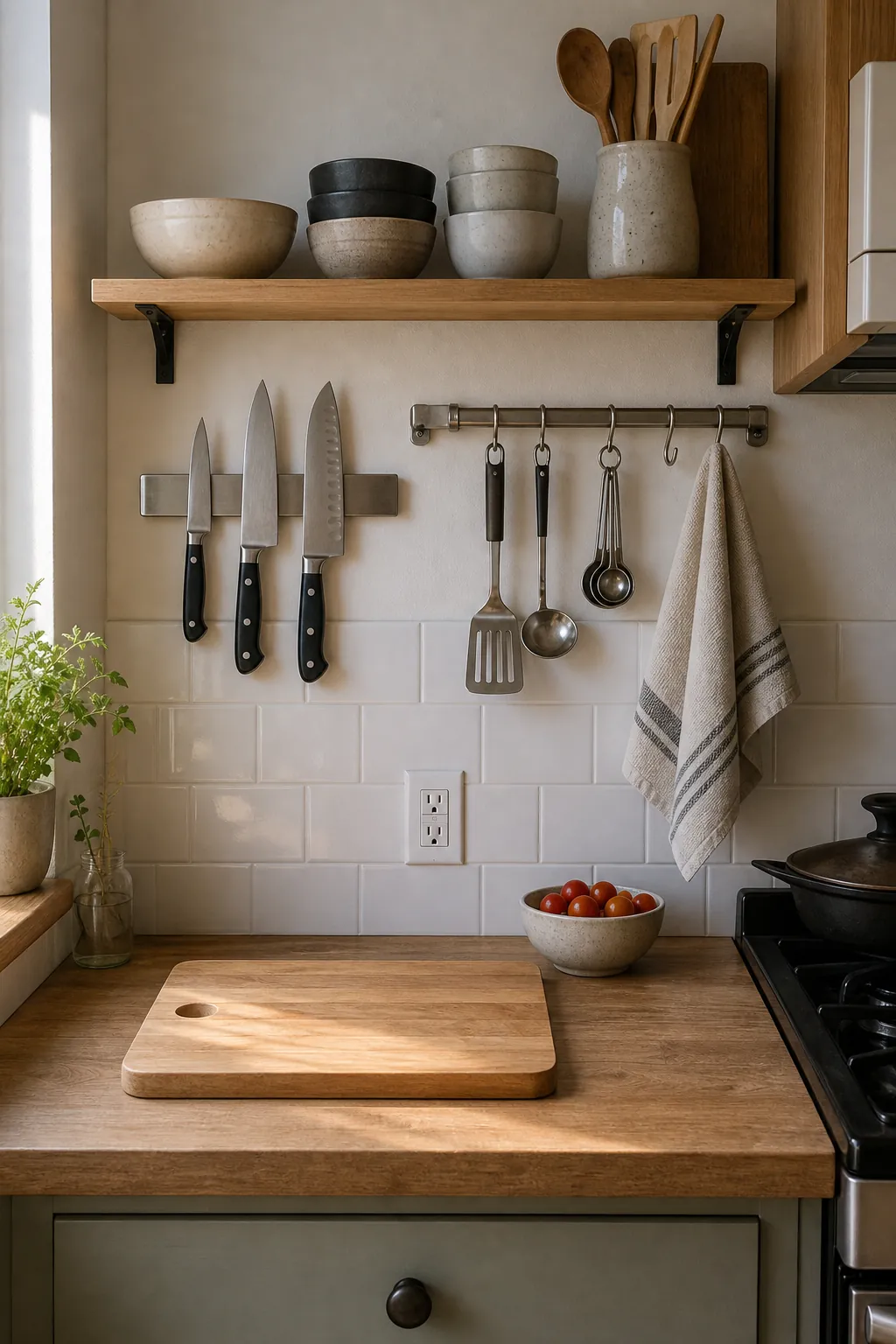 Small kitchen wall rail and magnetic strip keeping utensils and knives off the counter