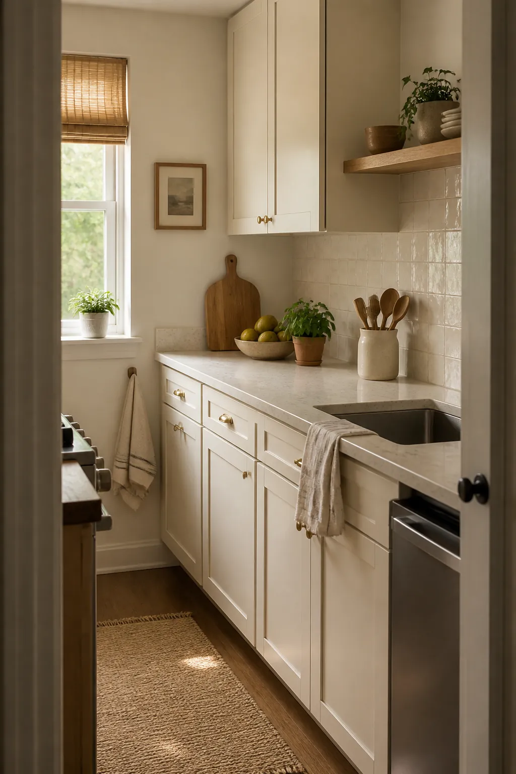 Small warm kitchen with calm counters and edited decor