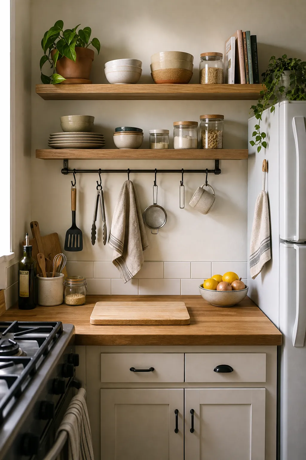Small kitchen wall rail and open shelves above a compact prep counter