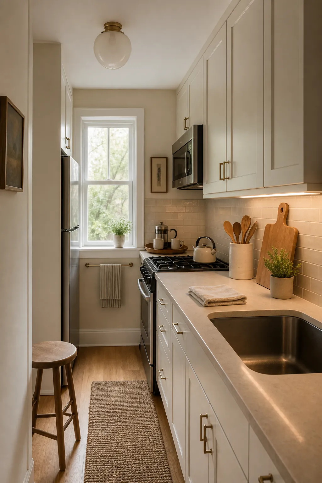 Warm small kitchen with calm counters, wood accents, and soft lighting