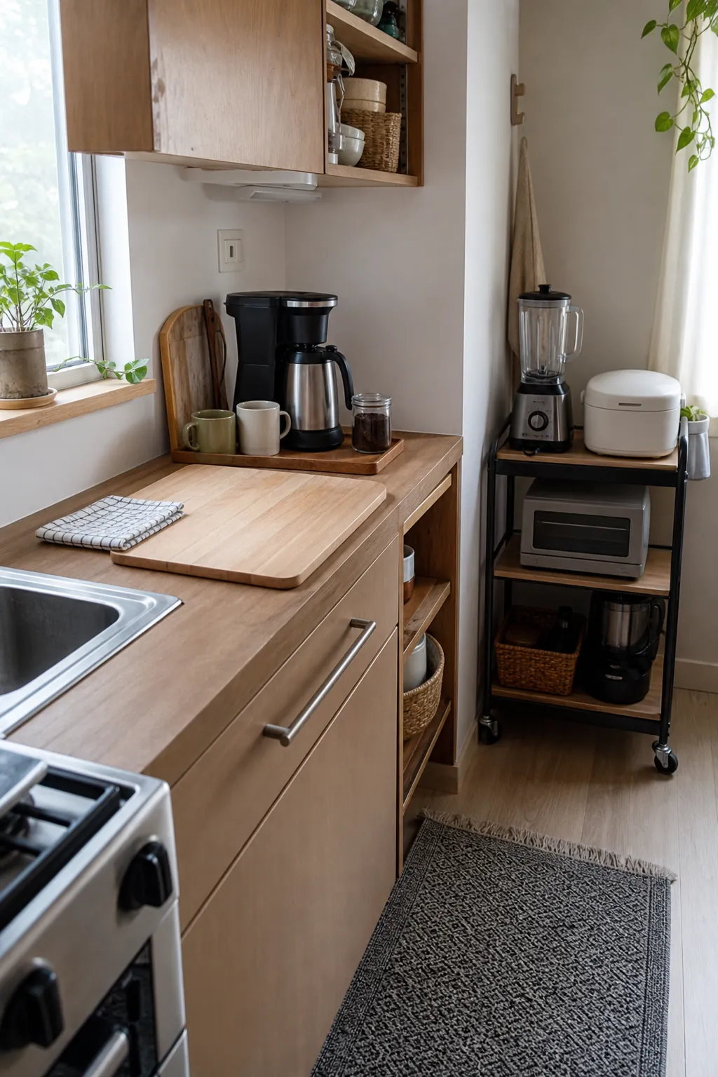 Small kitchen appliance parking plan with daily coffee station and occasional appliances stored on a cart