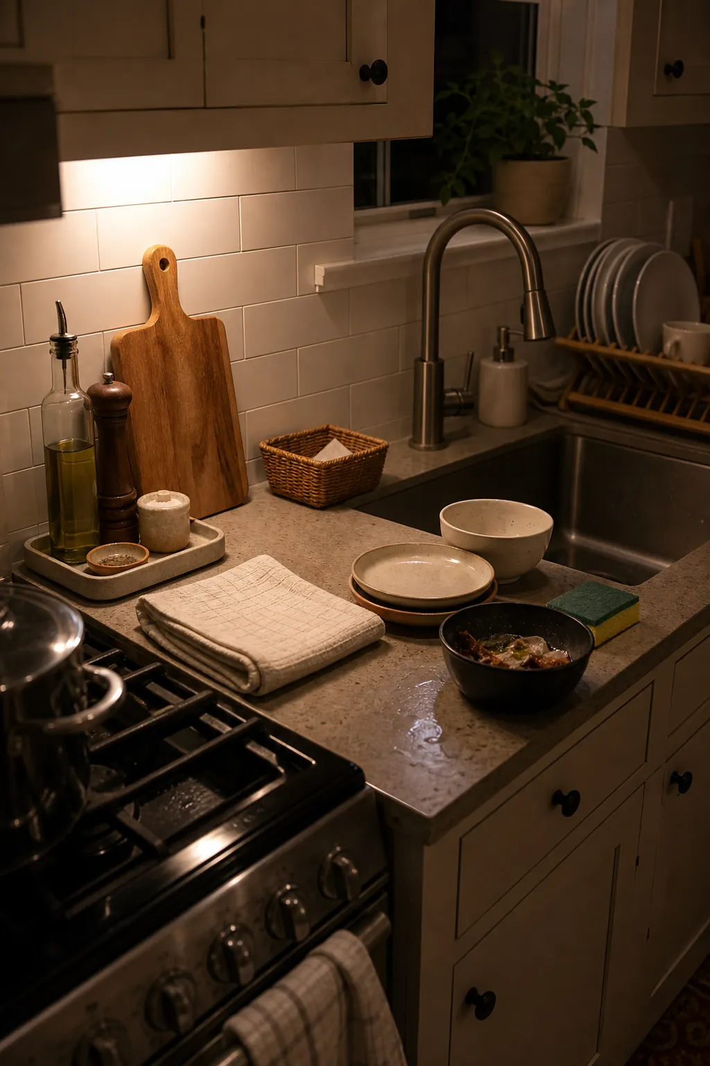 Nightly small kitchen counter reset with wiped prep zone and neatly grouped essentials