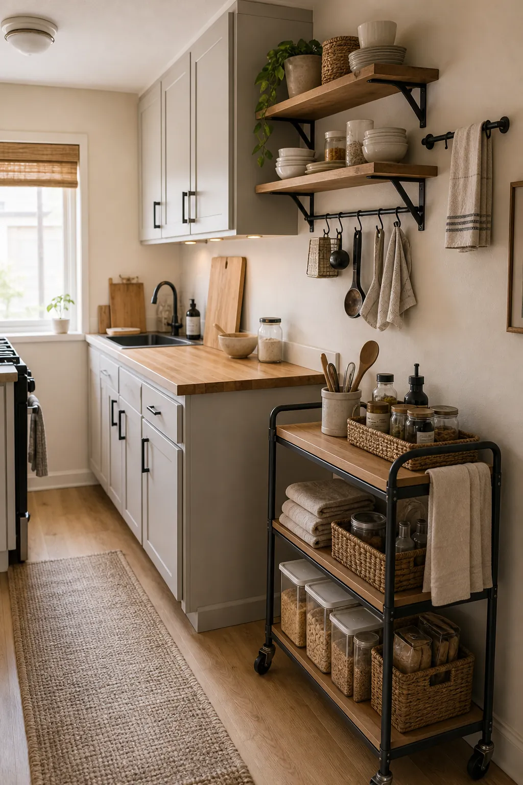 Organized small kitchen with a parked rolling cart clear counter and wall storage