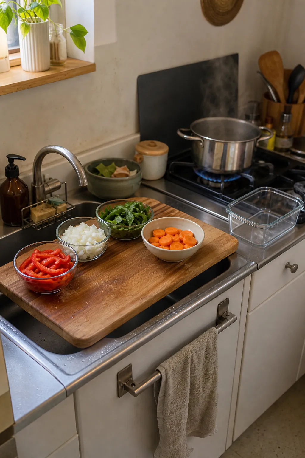 Over sink cutting board creating extra meal prep space in a small apartment kitchen