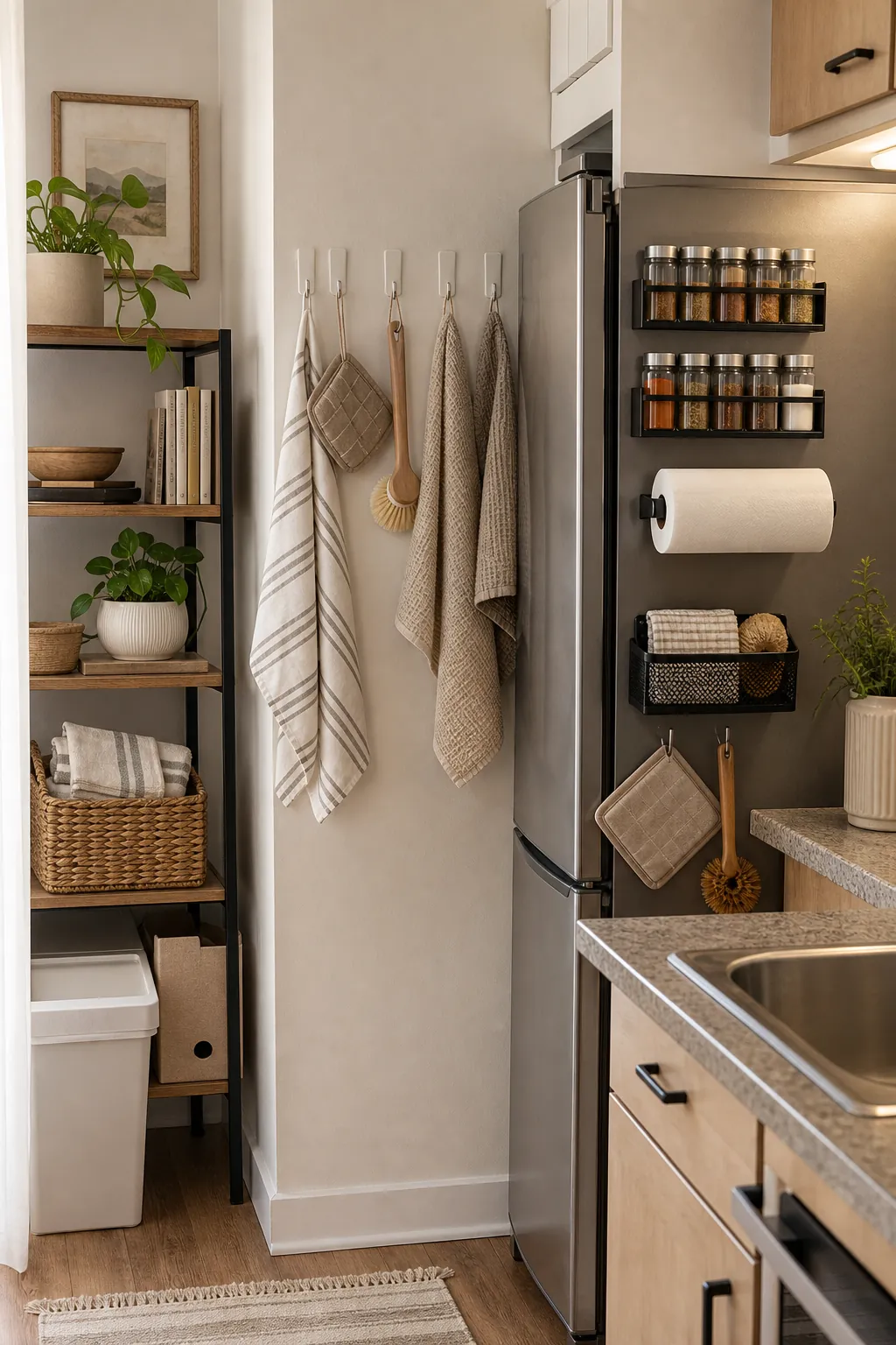 Renter-friendly small kitchen wall storage with magnetic racks hooks and shelves