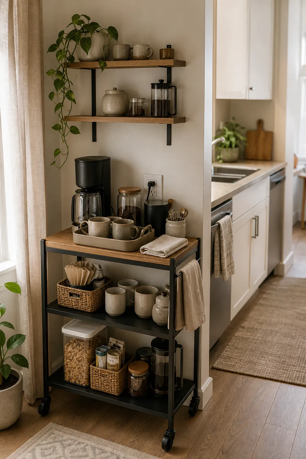 Small kitchen coffee cart paired with simple wall shelves