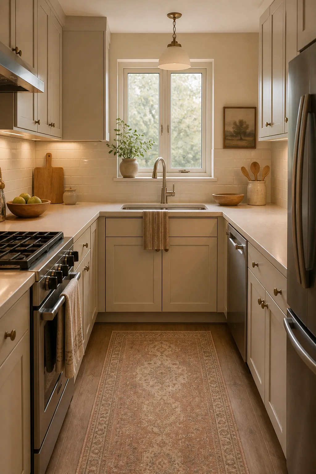 Small kitchen with warm neutral palette, muted runner, and wood details