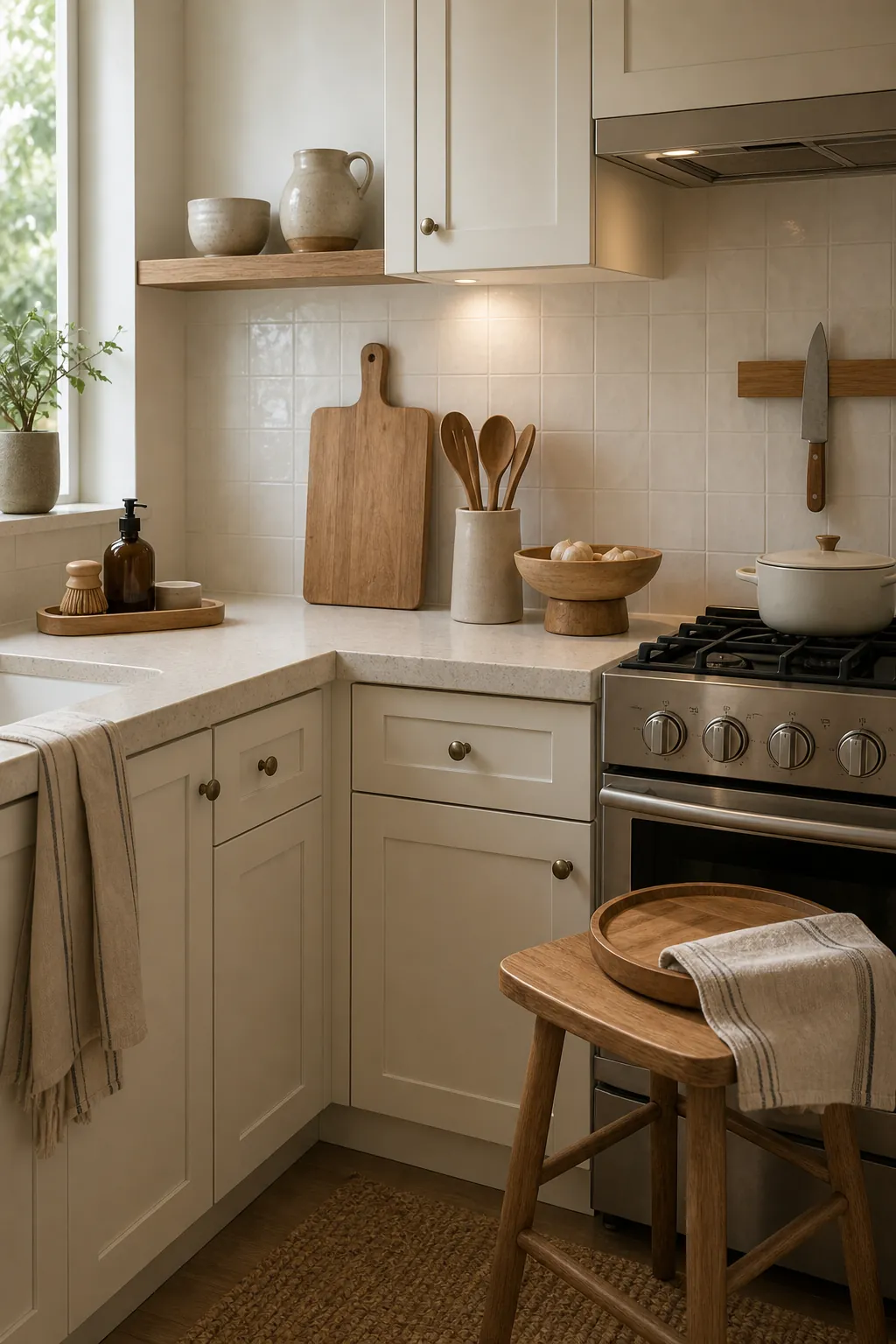 Small neutral kitchen with warm wood accents and simple styling