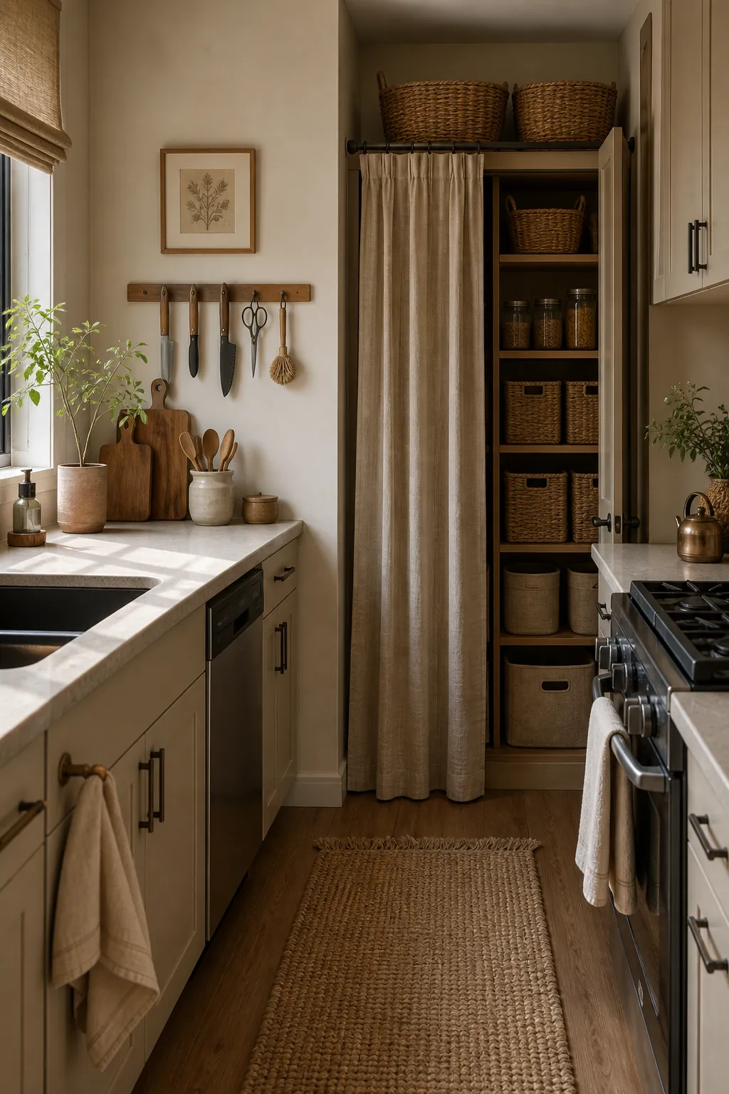 Small kitchen with baskets, vertical storage, and clear counters