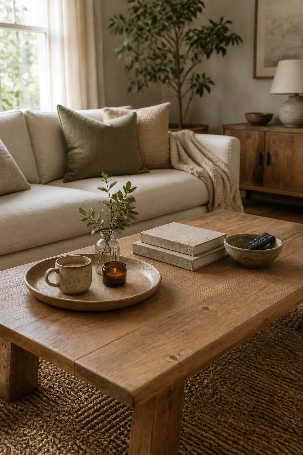 Usable coffee table decor with a tray, mug, books, greenery, and warm neutral living room styling