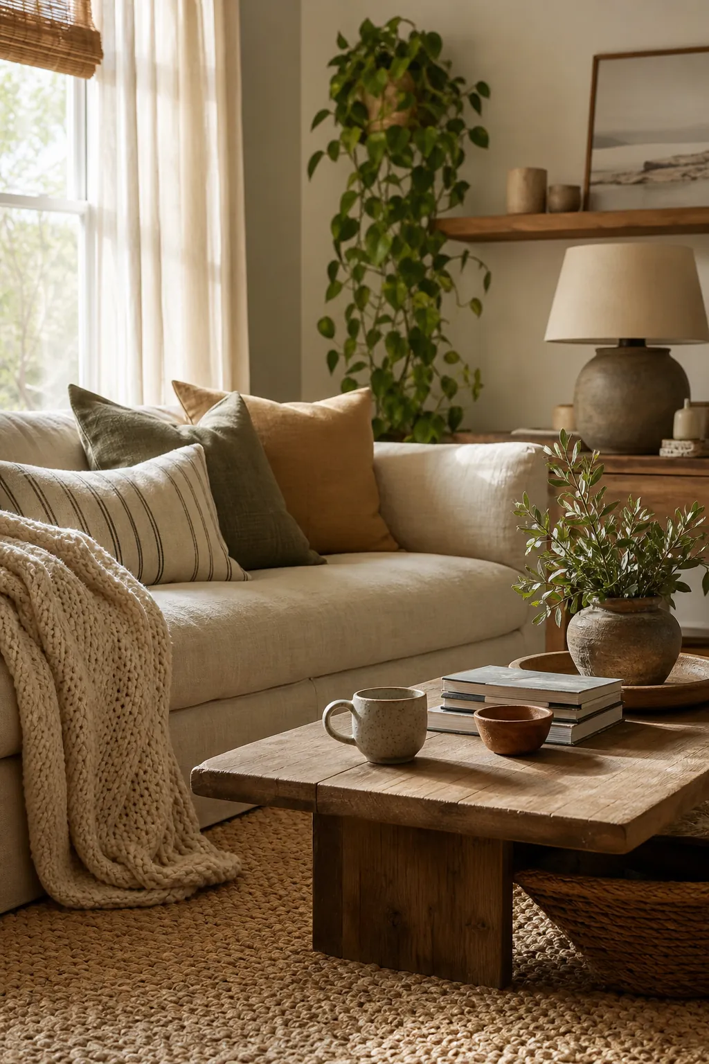 Cozy Sunday living room with warm neutral decor, plants, and a styled coffee table