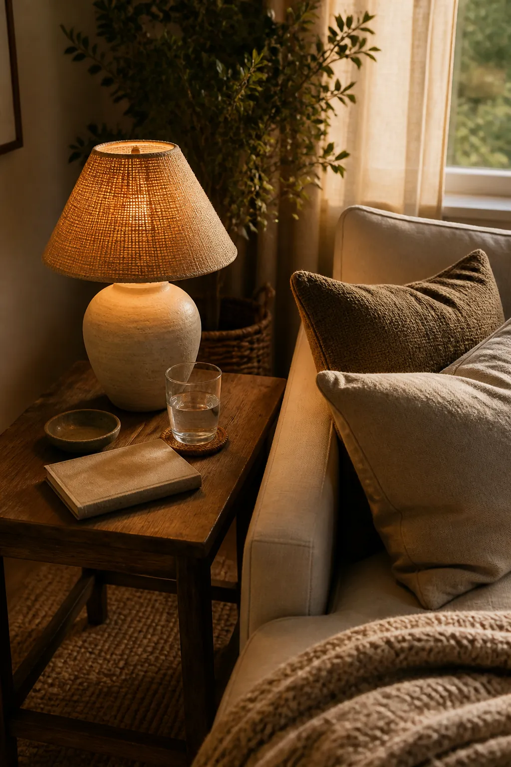 Side table with ceramic lamp, book, mug, and soft lighting beside a cozy couch