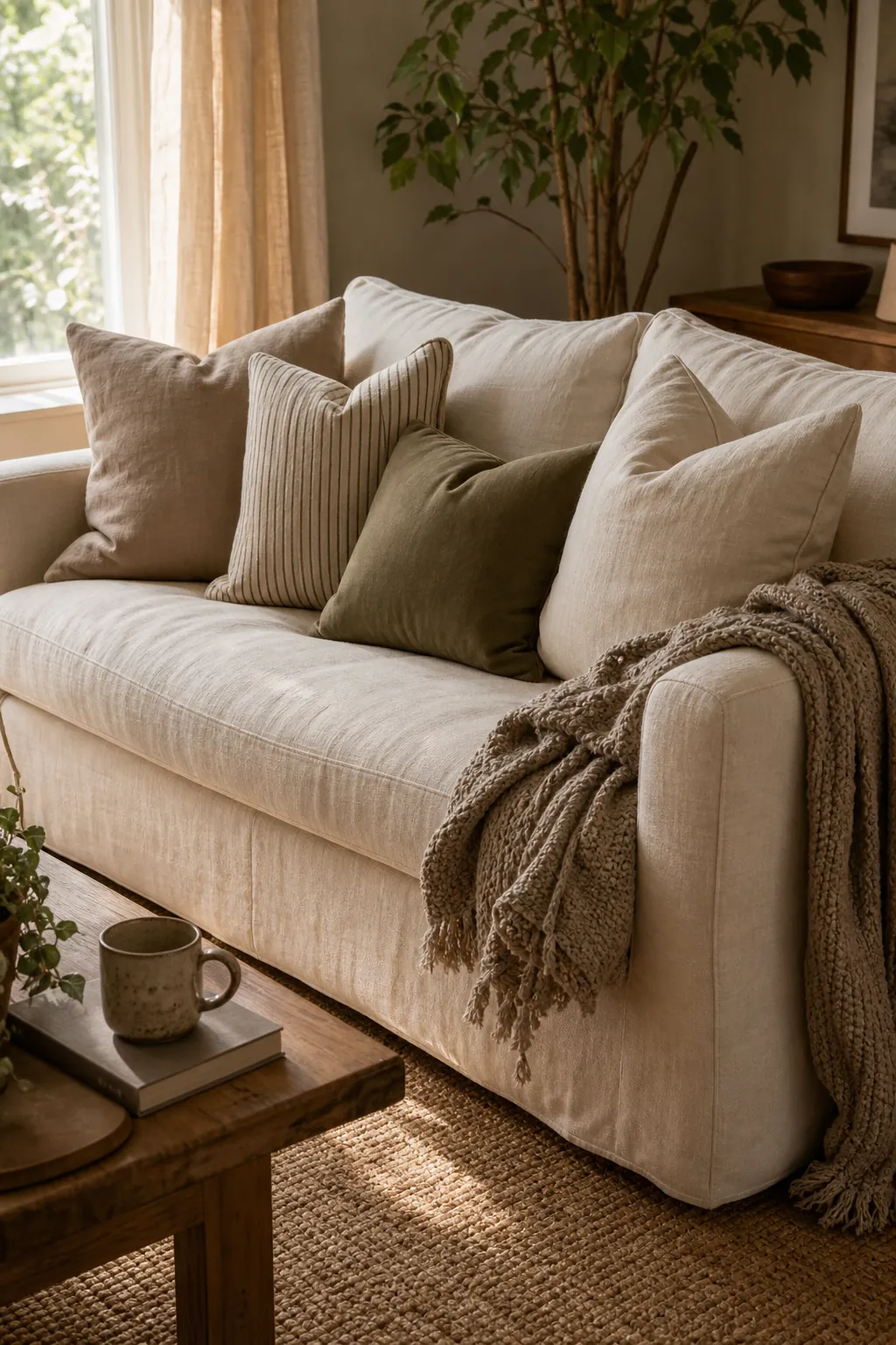 Cream sofa styled with layered pillows and a chunky throw for a cozy Sunday living room