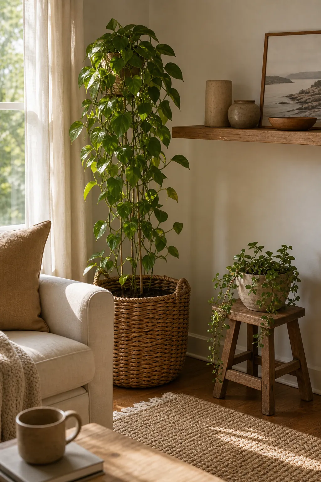 Living room plant corner with woven basket, trailing plant, and warm natural styling