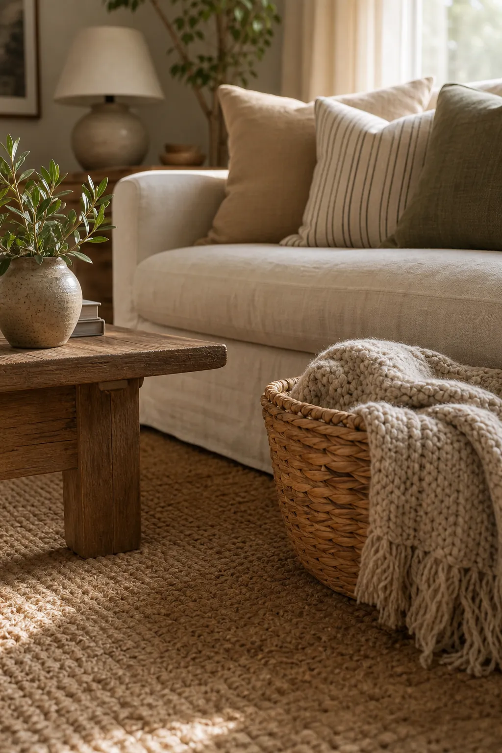 Layered living room textures with woven rug, basket, linen sofa, and warm wood details