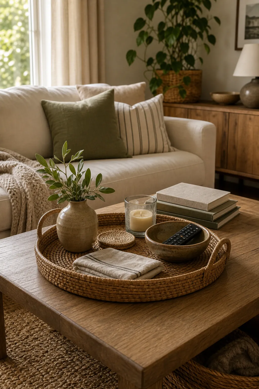 Simple Sunday reset tray on a coffee table with a candle, bowl, books, and neutral decor