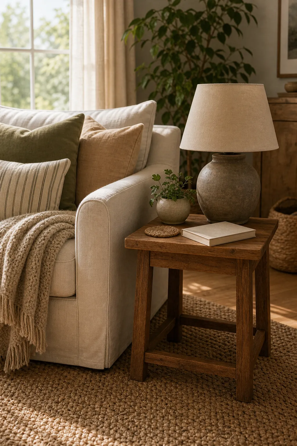 Side table at sofa arm height with a lamp, coaster, book, plant, and cozy neutral couch styling