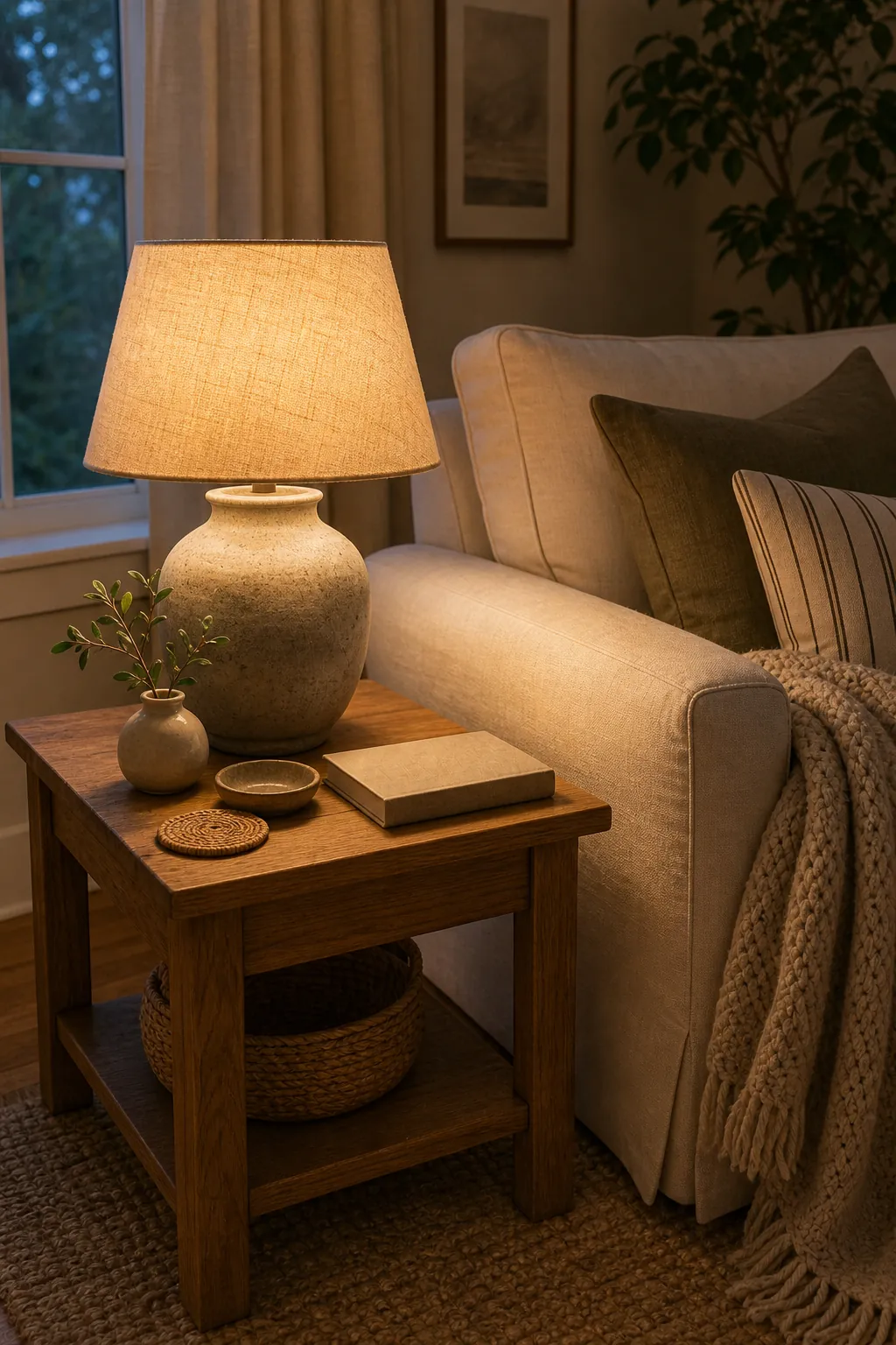 Ceramic lamp on a sofa side table with warm light, book, coaster, and neutral couch styling