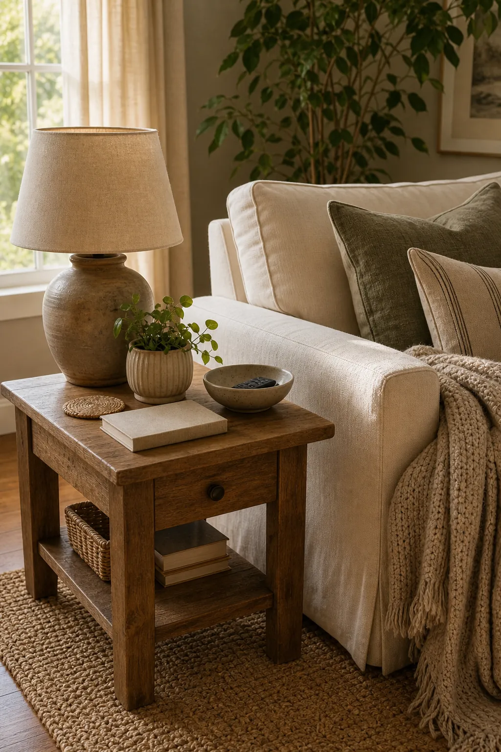 Cozy side table next to a couch with lamp, plant, coaster, books, and neutral living room styling