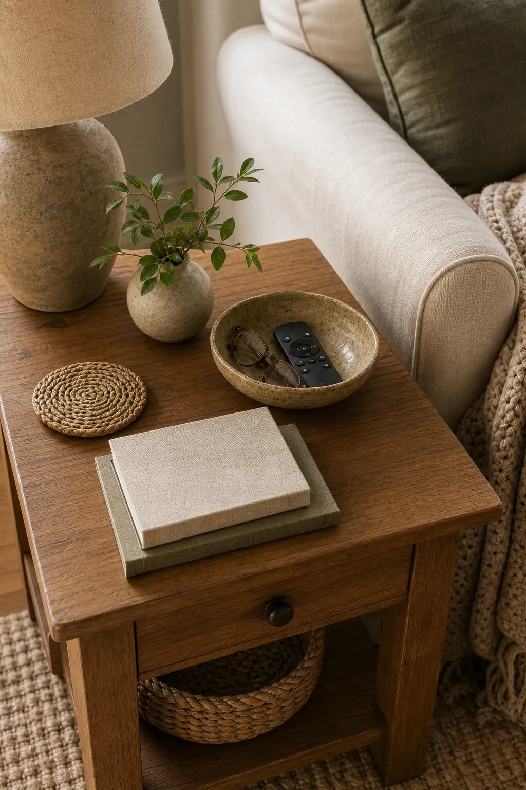 Side table with a small bowl, coaster, books, greenery, and room for everyday use
